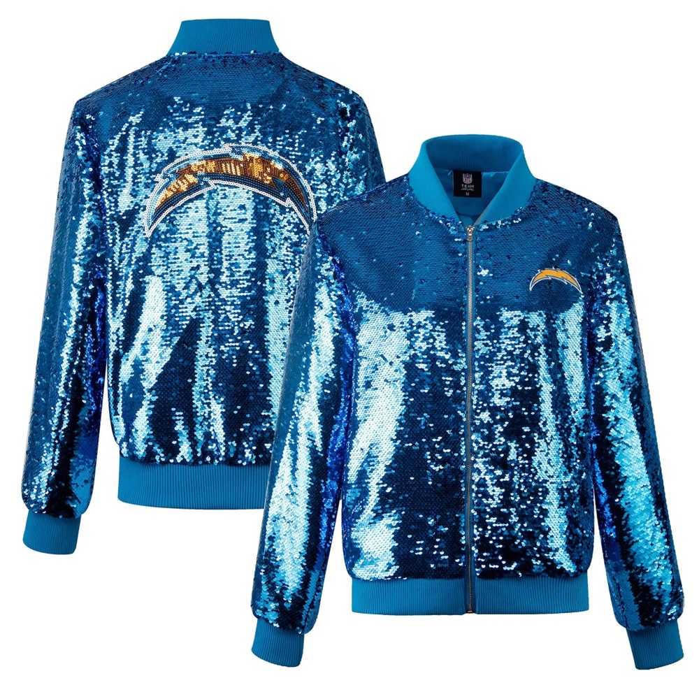 NWOT Women's Cuce Powder Blue Los Angeles Chargers Full-Zip Sequin Jacket.